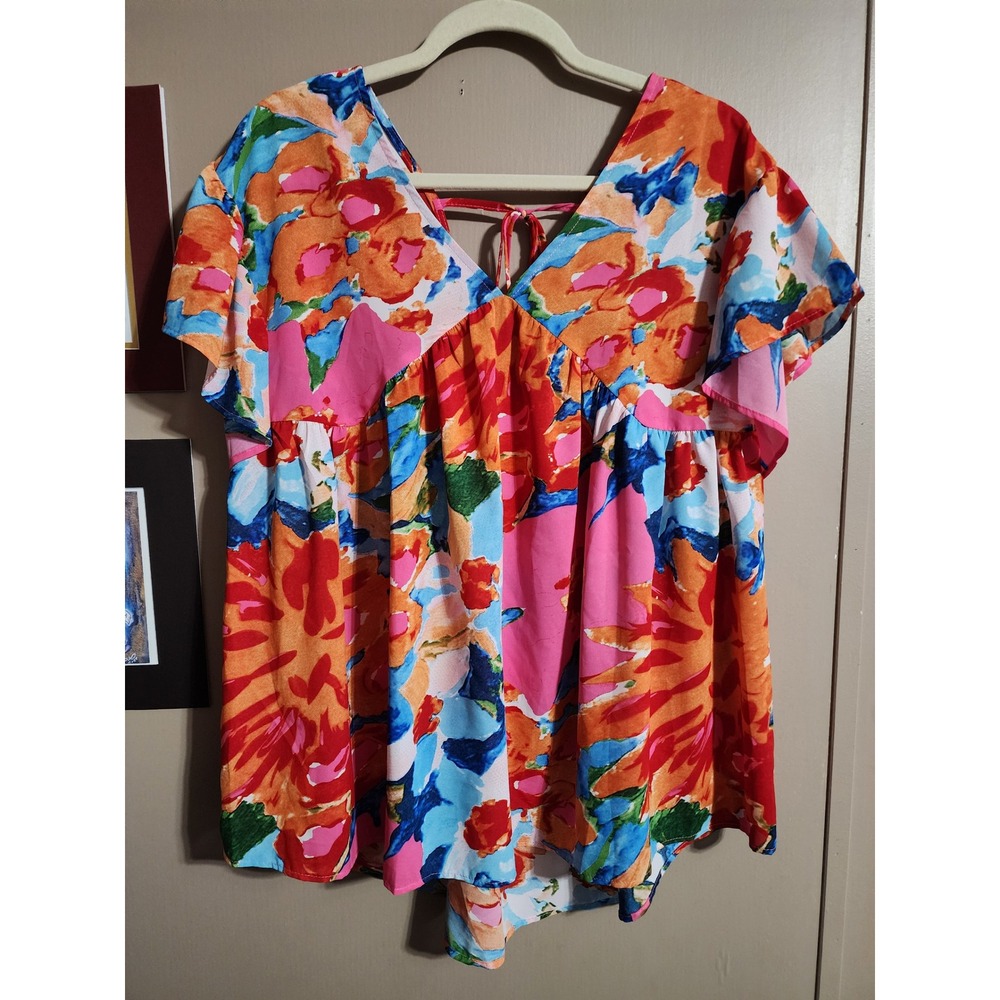 Unbranded Babydoll Top Floral Flutter Sleeve XL Multi-Color